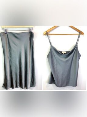 LOFT Gray Satin Cowl Neck camisole top (size 12) and skirt (size L)